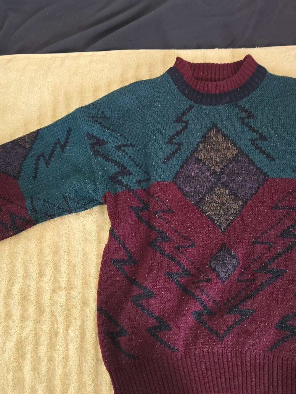 Men's Crewneck Sweater - Teal & Burgundy Geometric Knit